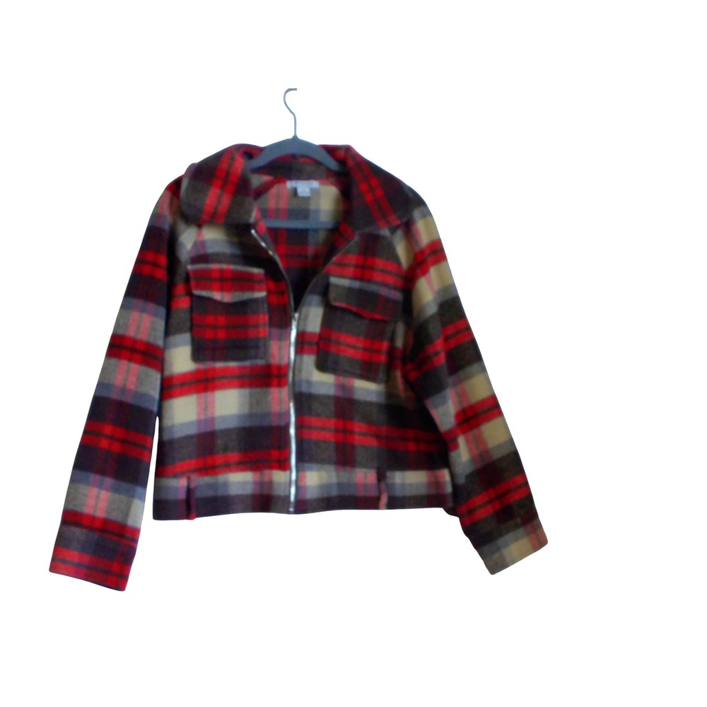 Favlux Womens Red Plaid Cropped Zip Up Jacket Medium Flannel Style Coat size M